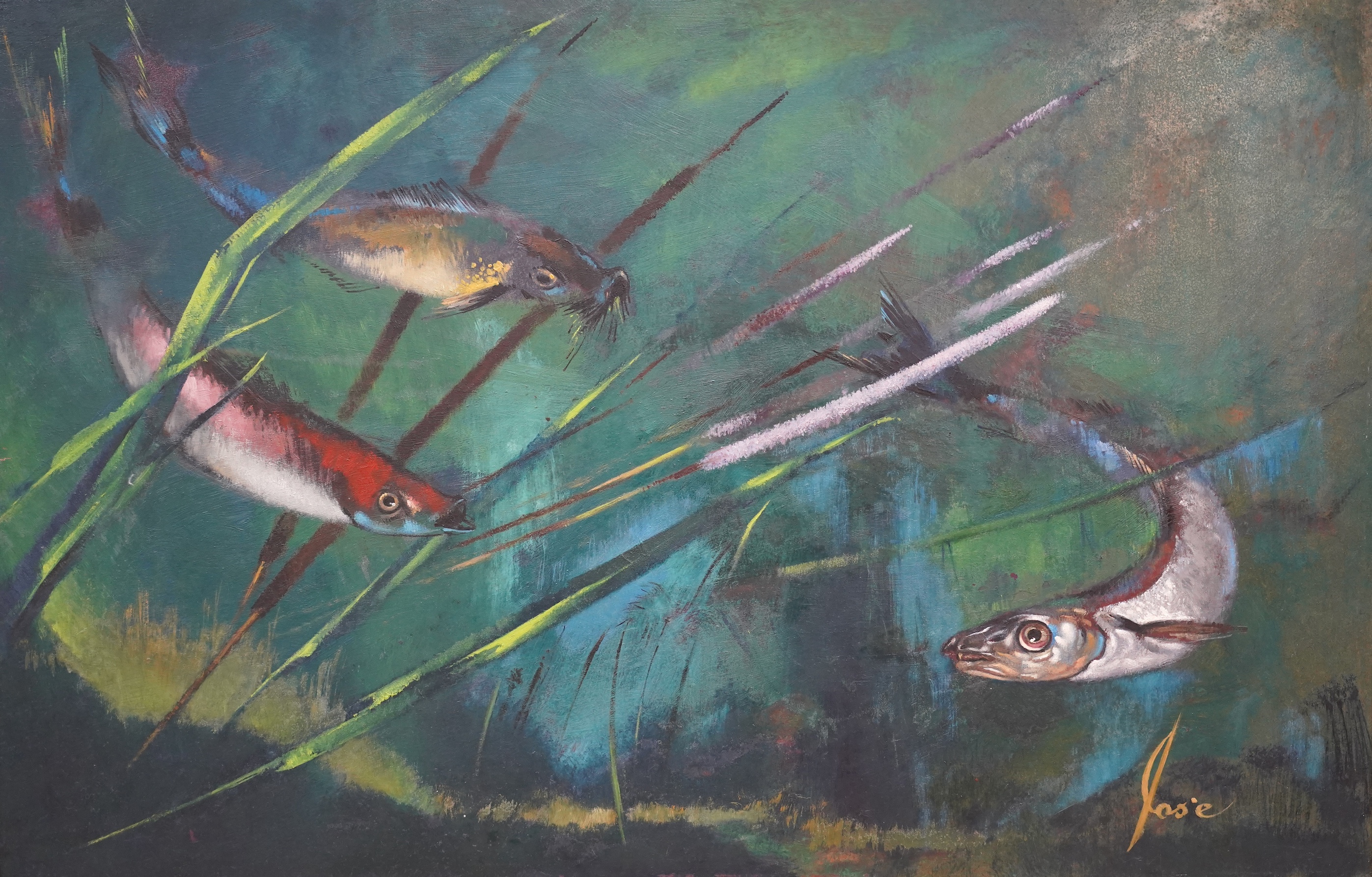 José (Late 20th. C), oil on board, Study of fish, signed, 56 x 87cm, gilt framed. Condition - good